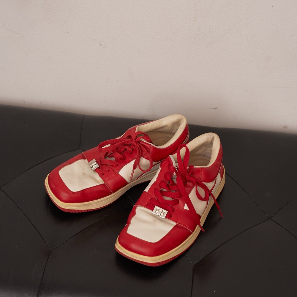 Square toe Red and white racer sneakers